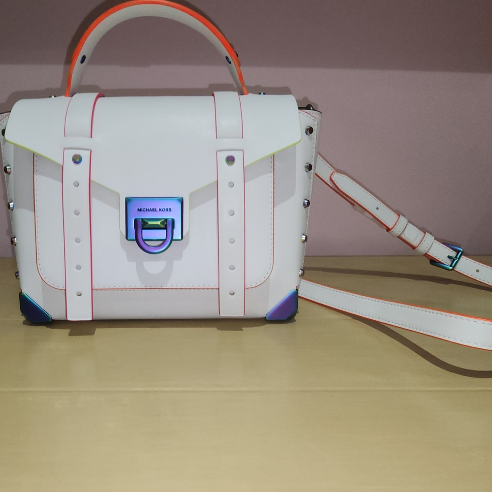 Michael Kors Manhattan Medium Contrast Trim Leather Satchel Optic White - Picture 2 of 16